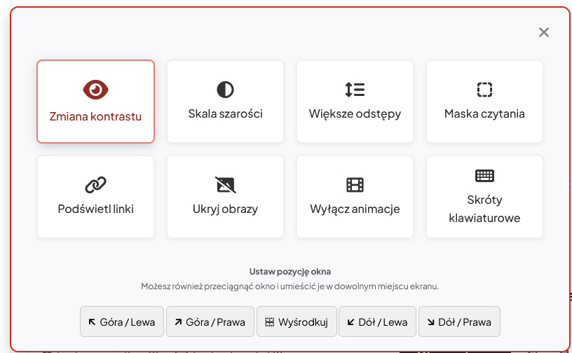 Okno zaawansowanych opcji dostępności